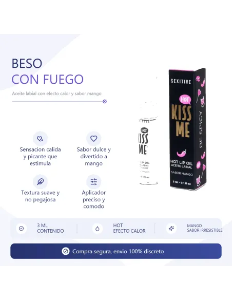 Kiss me - hot lip oil efecto calor | sabor mango | Sexitive | Masajes y relax