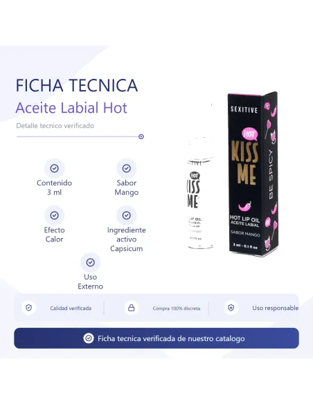 Kiss me - hot lip oil efecto calor | sabor mango | Sexitive | Masajes y relax