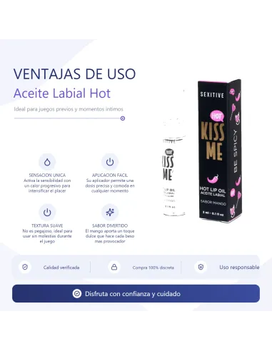 Kiss me - hot lip oil efecto calor | sabor mango | Sexitive | Masajes y relax