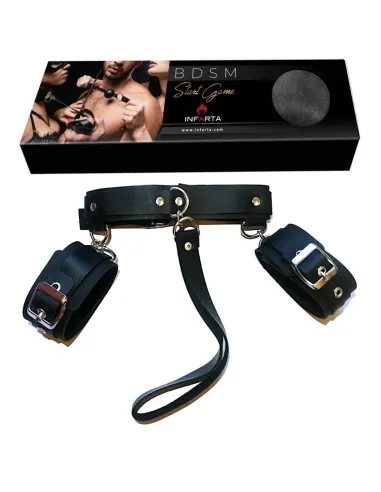 Collar con correa y esposas fijas eco cuero negro | Infarta fetish | Esposas
