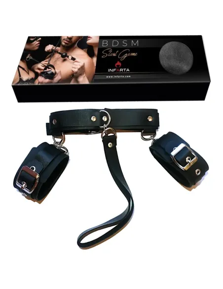 Collar con correa y esposas fijas eco cuero negro | Infarta fetish | Esposas